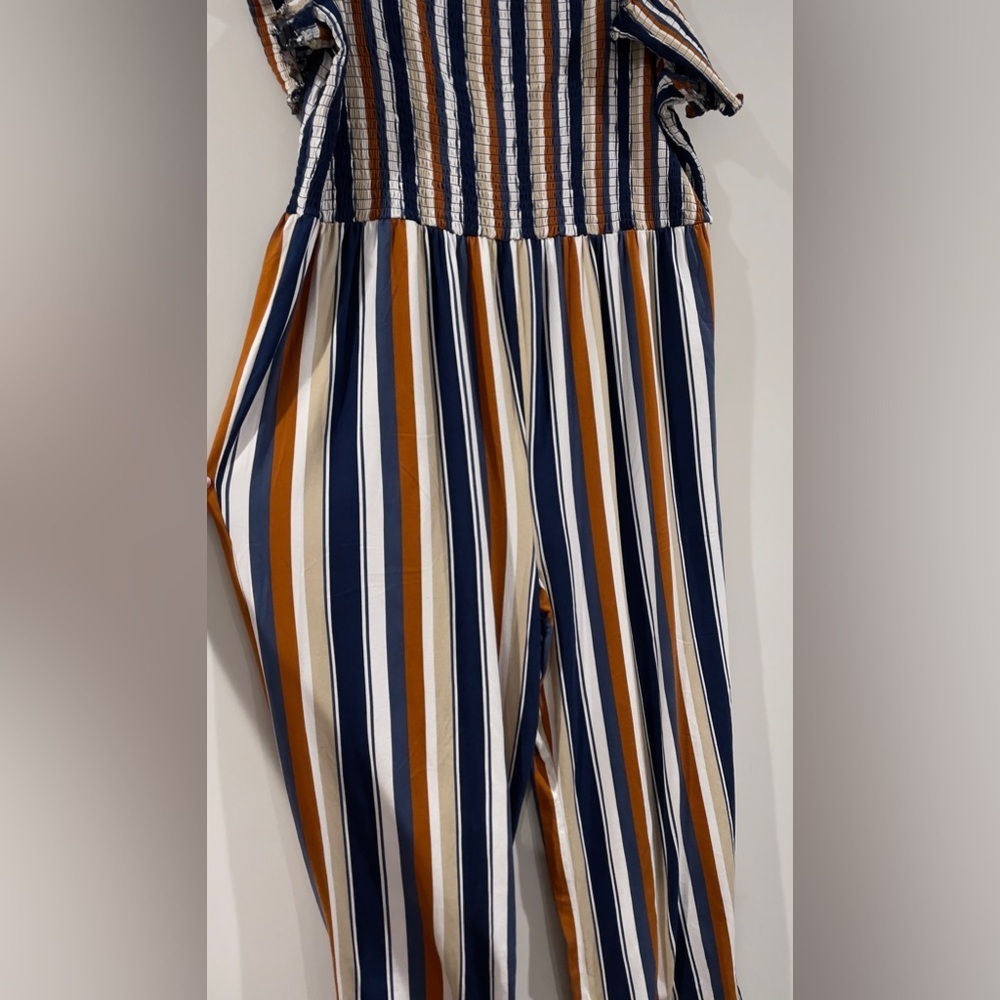 Rue 21 Off-the-Shoulder Striped Jumpsuit - Brown & Blue & Tan & Orange, Size 3X - Picture 6 of 7
